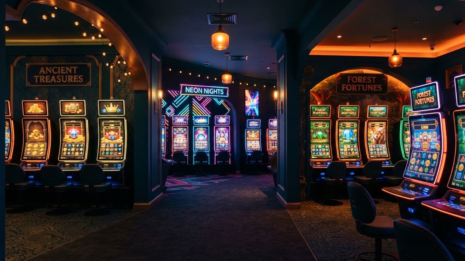 Salon de jeu social avec machines à sous thématiques